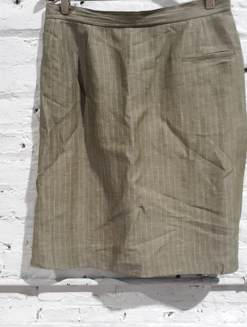 Kenar Vintage Pinstripe Linen Blend Pencil Skirt Front Pocket Taupe Khaki 10